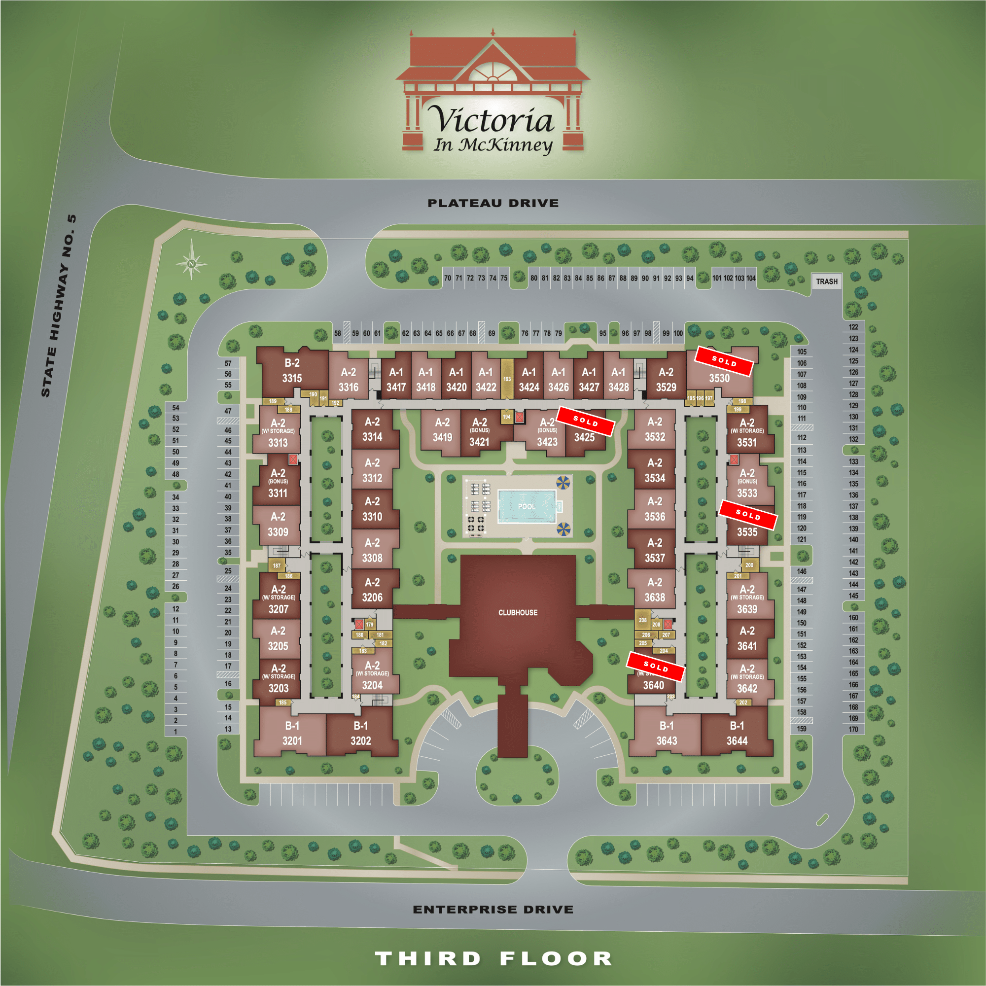 Here is a map of the 3rd floor senior citizen homes at Victoria Senior Homes in McKinney and which units are still available.