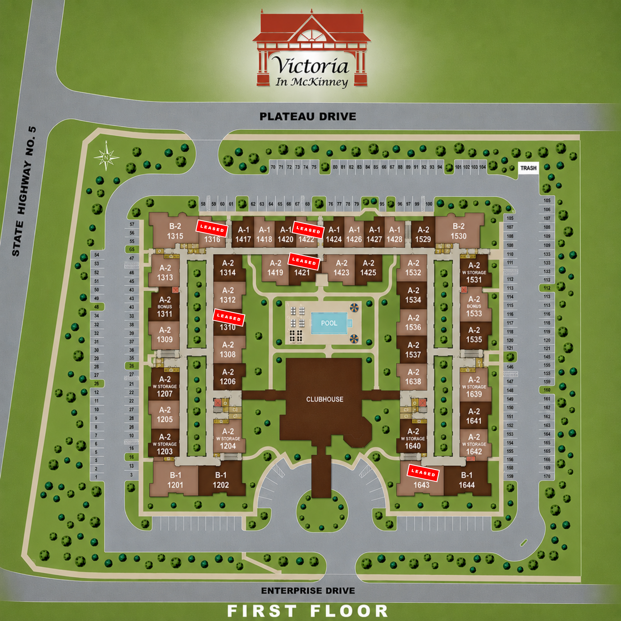 Here is a map of the 1st floor senior citizen homes at Victoria Senior Homes in McKinney and which units are still available.