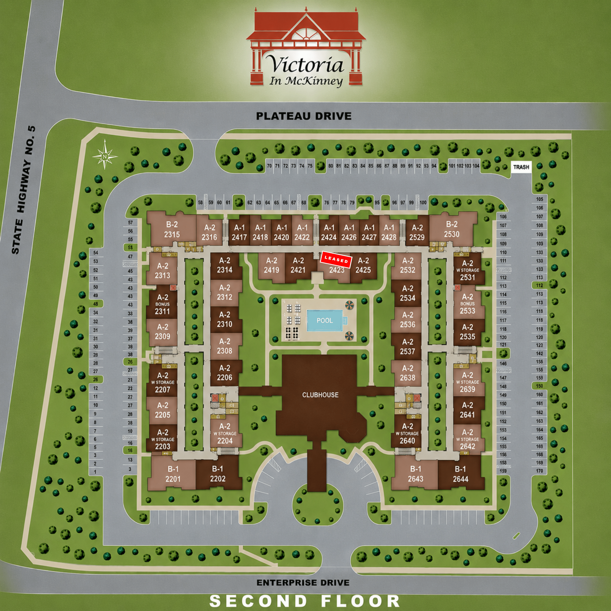 Here is a map of the 2nd floor senior citizen homes at Victoria Senior Homes in McKinney and which units are still available.