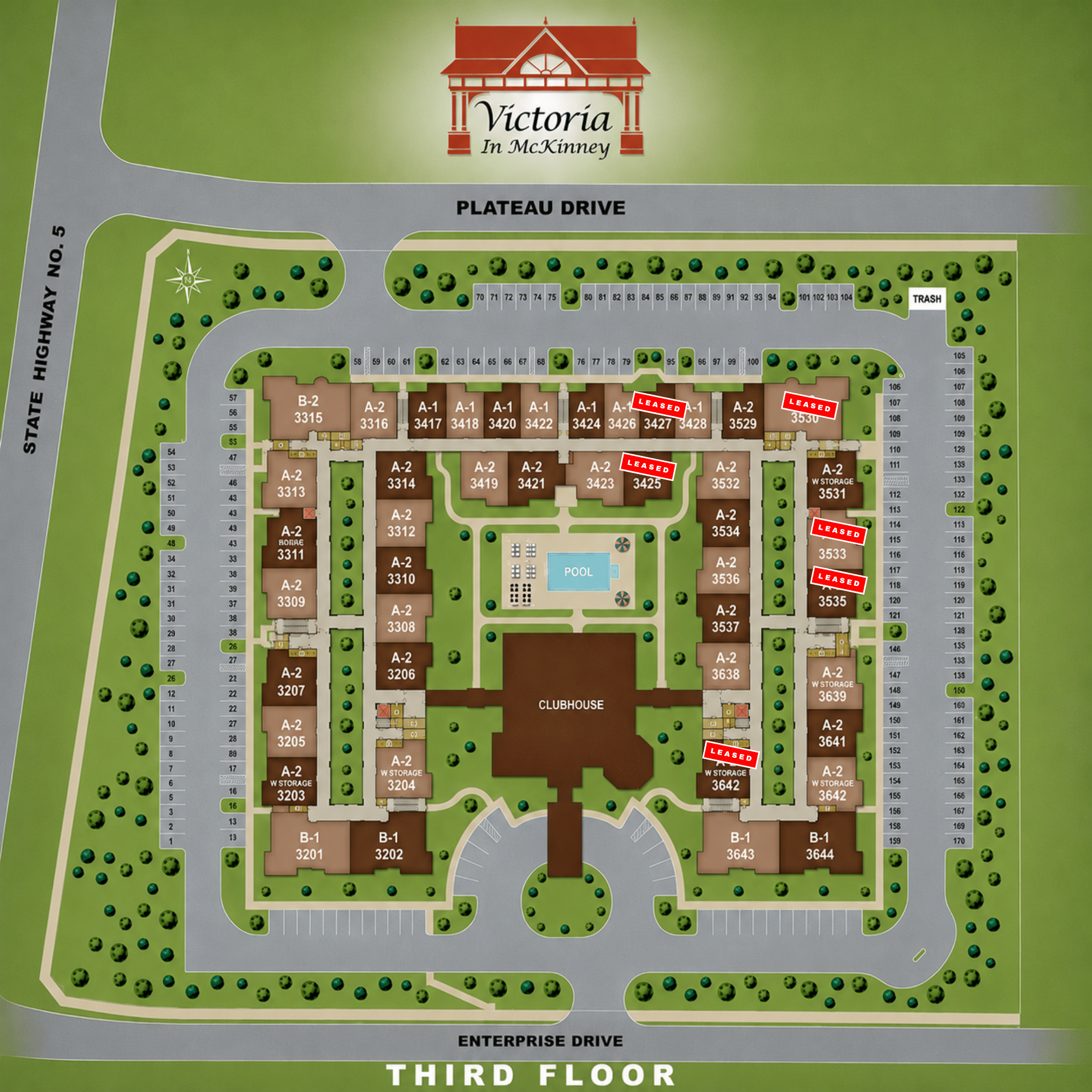 Here is a map of the 3rd floor senior citizen homes at Victoria Senior Homes in McKinney and which units are still available.